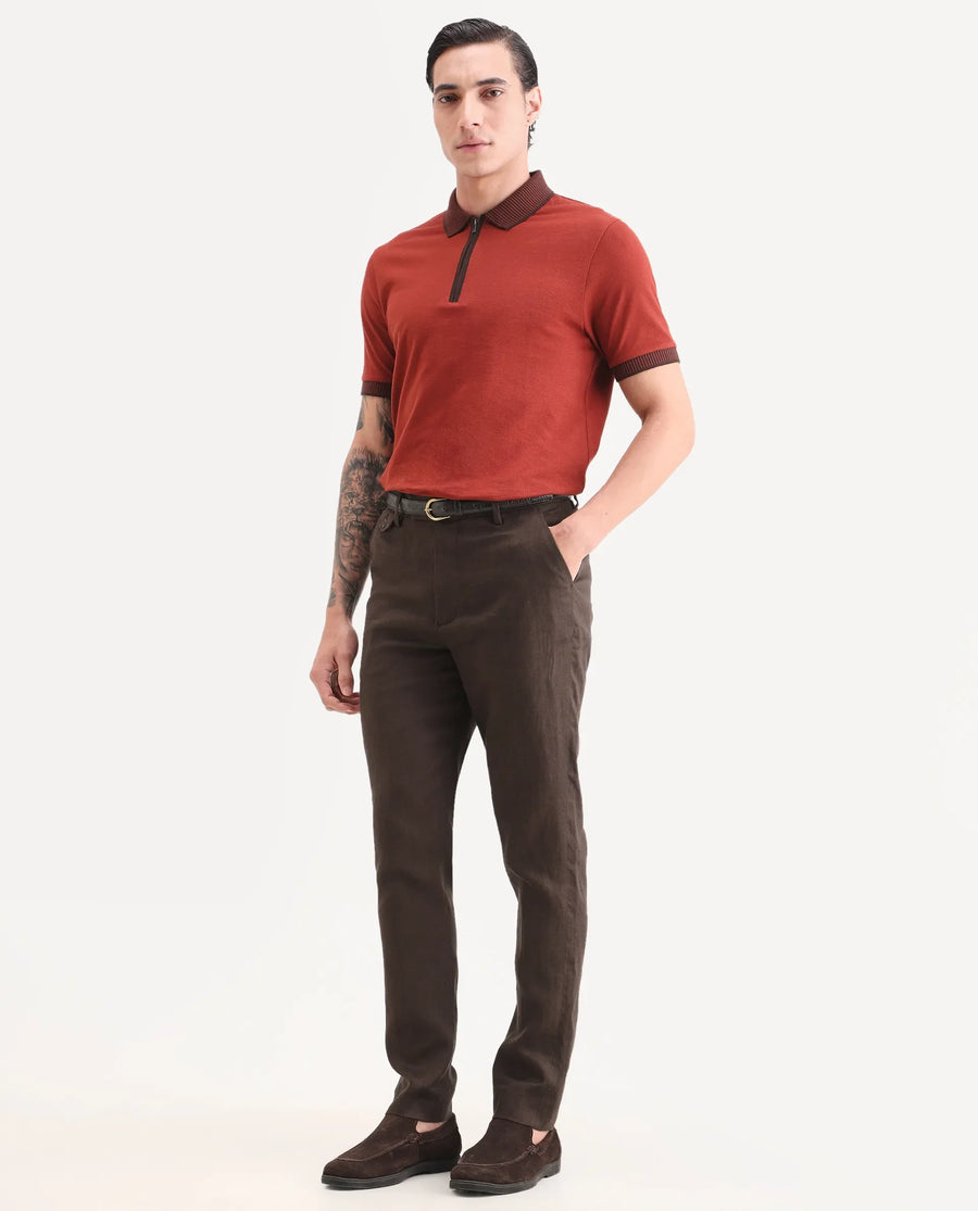 Rare Rabbit Men's Arcelo-Ss26 Dark Brown 100% Linen Fabric Regular Fit Plain Trouser