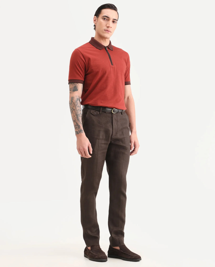 Rare Rabbit Men's Arcelo-Ss26 Dark Brown 100% Linen Fabric Regular Fit Plain Trouser