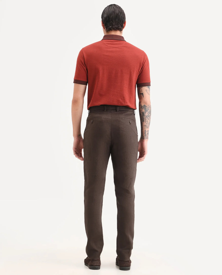 Rare Rabbit Men's Arcelo-Ss26 Dark Brown 100% Linen Fabric Regular Fit Plain Trouser