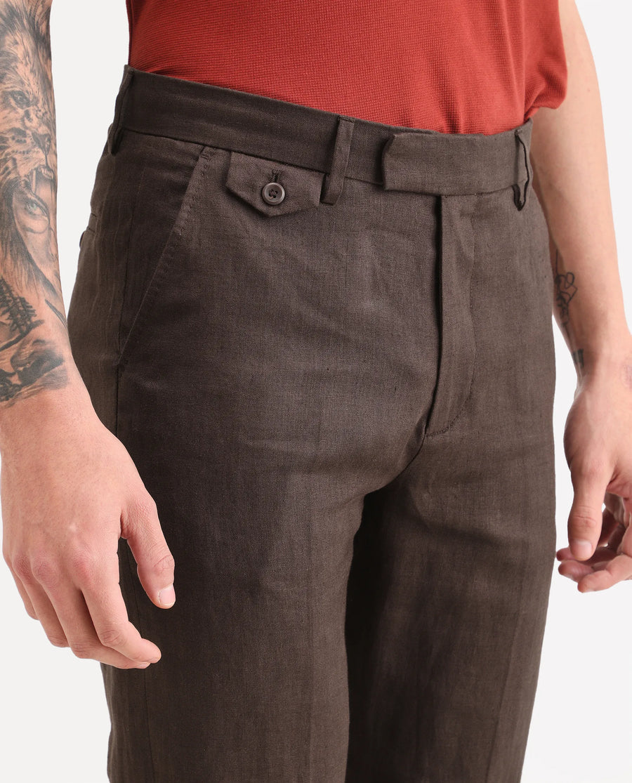 Rare Rabbit Men's Arcelo-Ss26 Dark Brown 100% Linen Fabric Regular Fit Plain Trouser