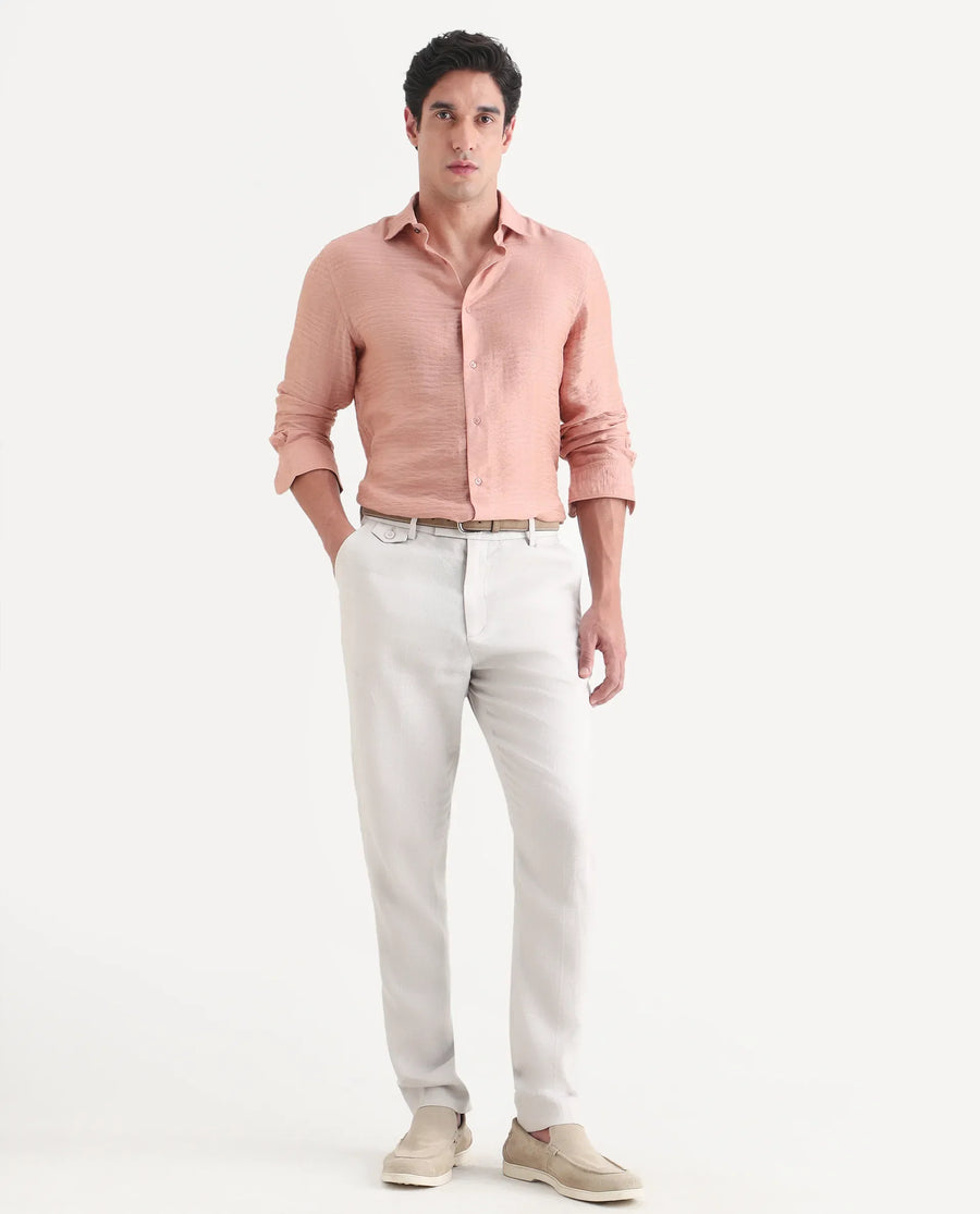 Rare Rabbit Men's Arcelo-Ss26 Off White 100% Linen Fabric Regular Fit Plain Trouser