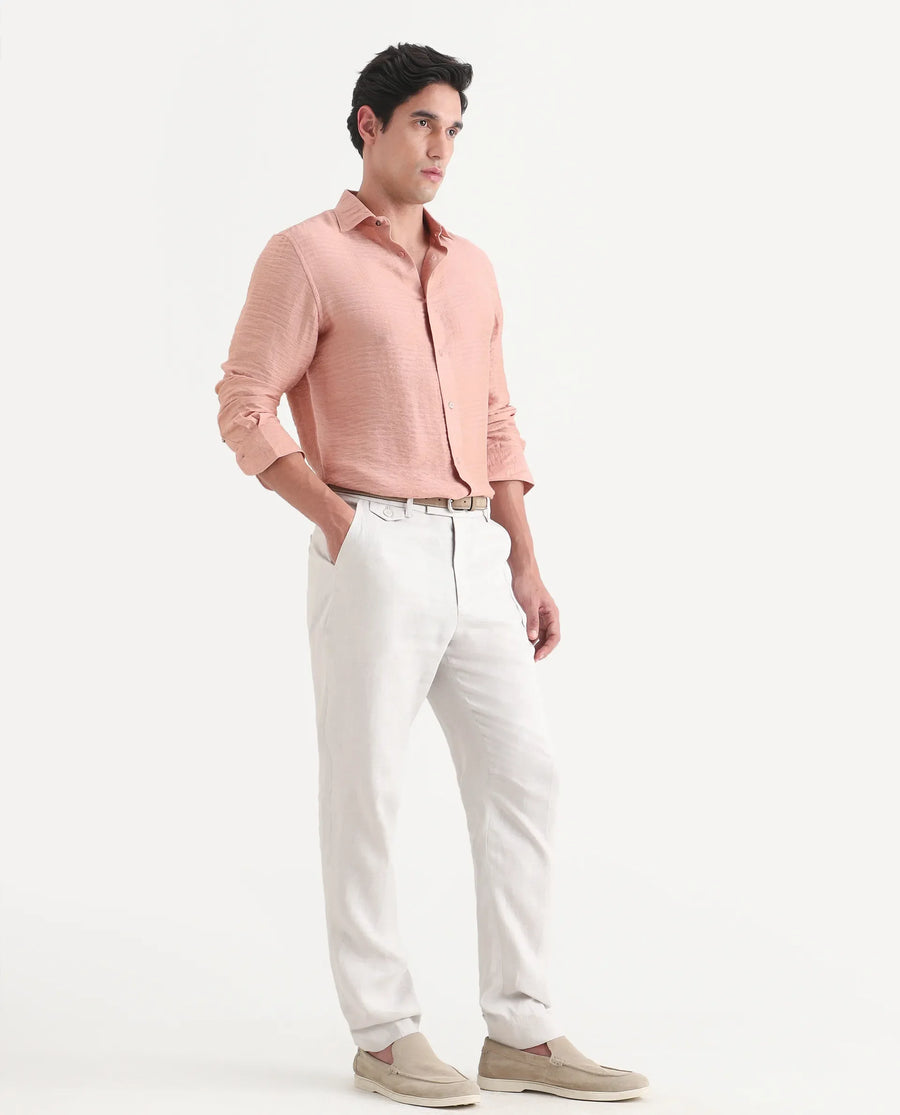 Rare Rabbit Men's Arcelo-Ss26 Off White 100% Linen Fabric Regular Fit Plain Trouser