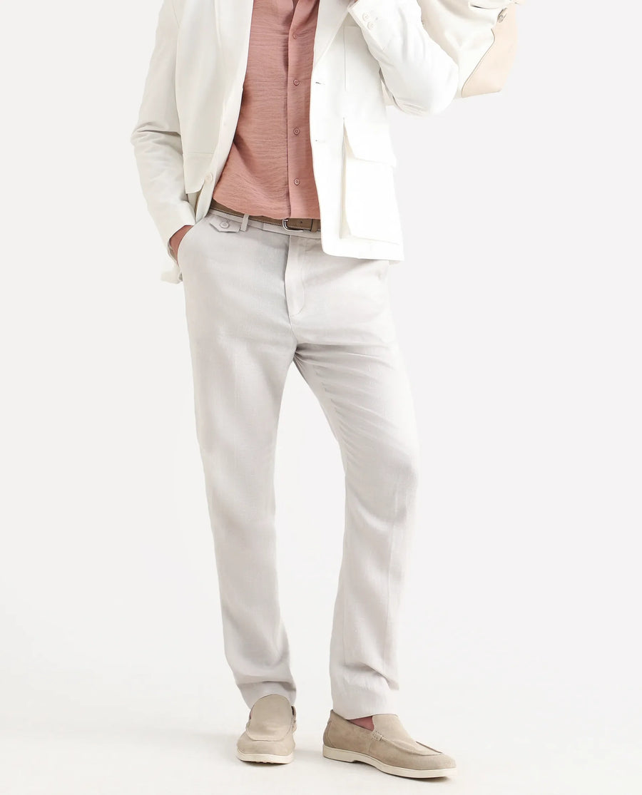 Rare Rabbit Men's Arcelo-Ss26 Off White 100% Linen Fabric Regular Fit Plain Trouser