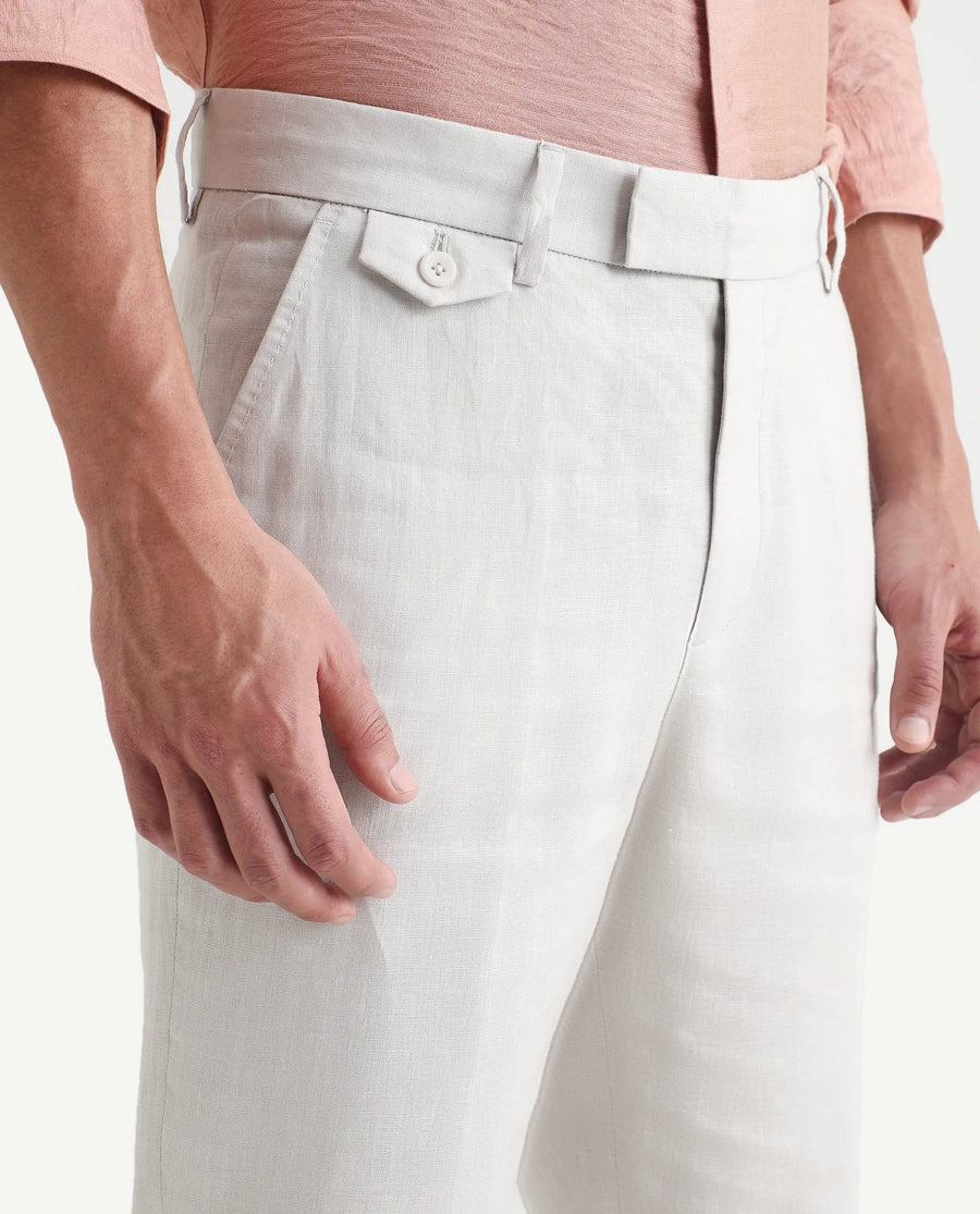 Rare Rabbit Men's Arcelo-Ss26 Off White 100% Linen Fabric Regular Fit Plain Trouser