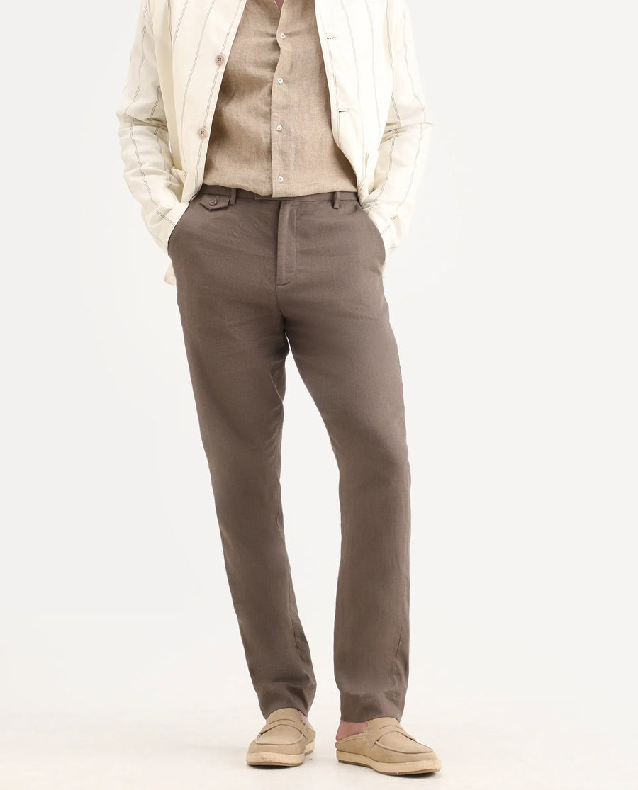 Rare Rabbit Men's Arcelo-Ss26 Light Brown 100% Linen Fabric Regular Fit Plain Trouser