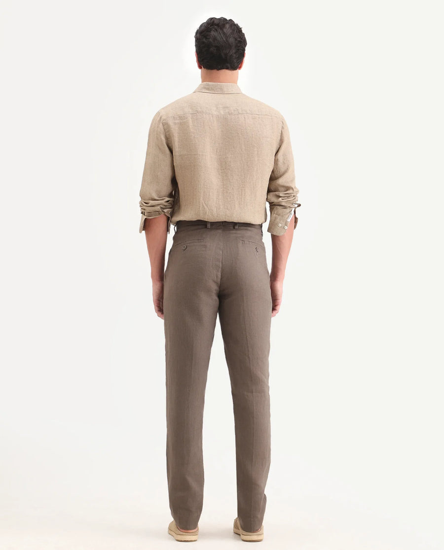 Rare Rabbit Men's Arcelo-Ss26 Light Brown 100% Linen Fabric Regular Fit Plain Trouser