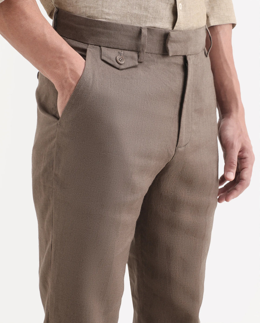 Rare Rabbit Men's Arcelo-Ss26 Light Brown 100% Linen Fabric Regular Fit Plain Trouser