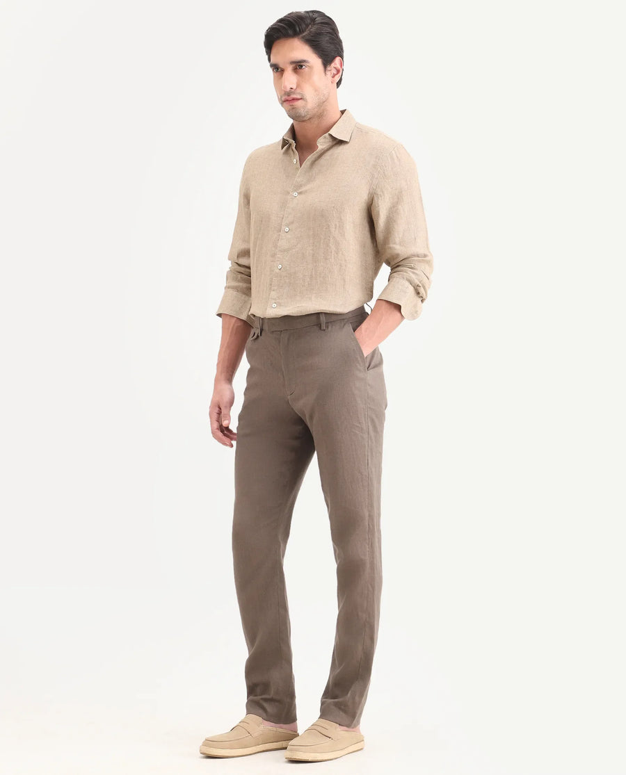 Rare Rabbit Men's Arcelo-Ss26 Light Brown 100% Linen Fabric Regular Fit Plain Trouser