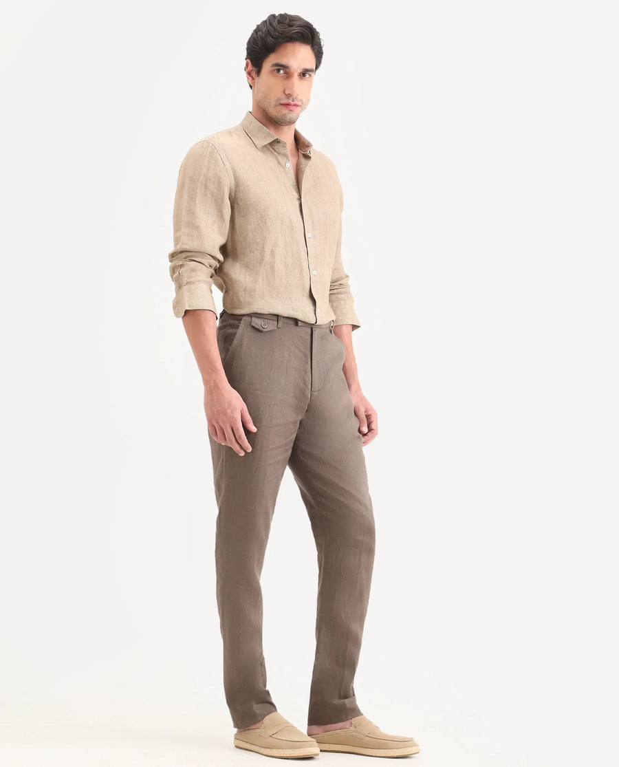 Rare Rabbit Men's Arcelo-Ss26 Light Brown 100% Linen Fabric Regular Fit Plain Trouser
