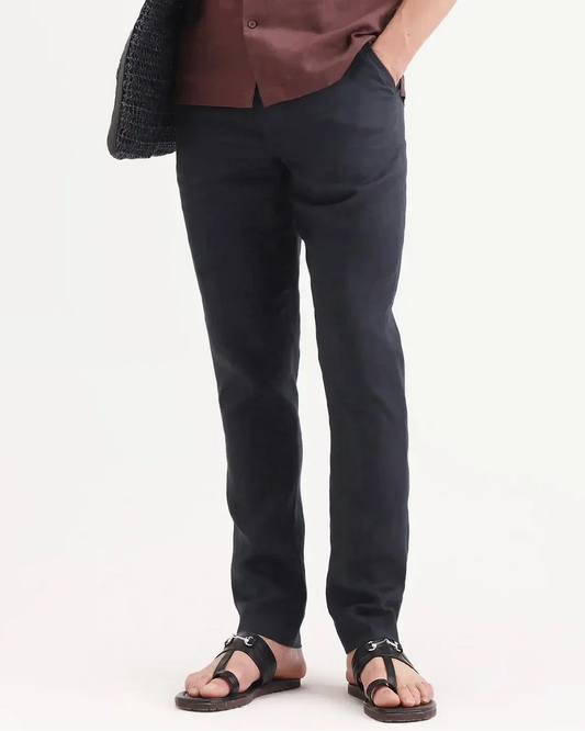 Rare Rabbit Men's Arcelo-Ss26 Dark Navy 100% Linen Fabric Regular Fit Plain Trouser