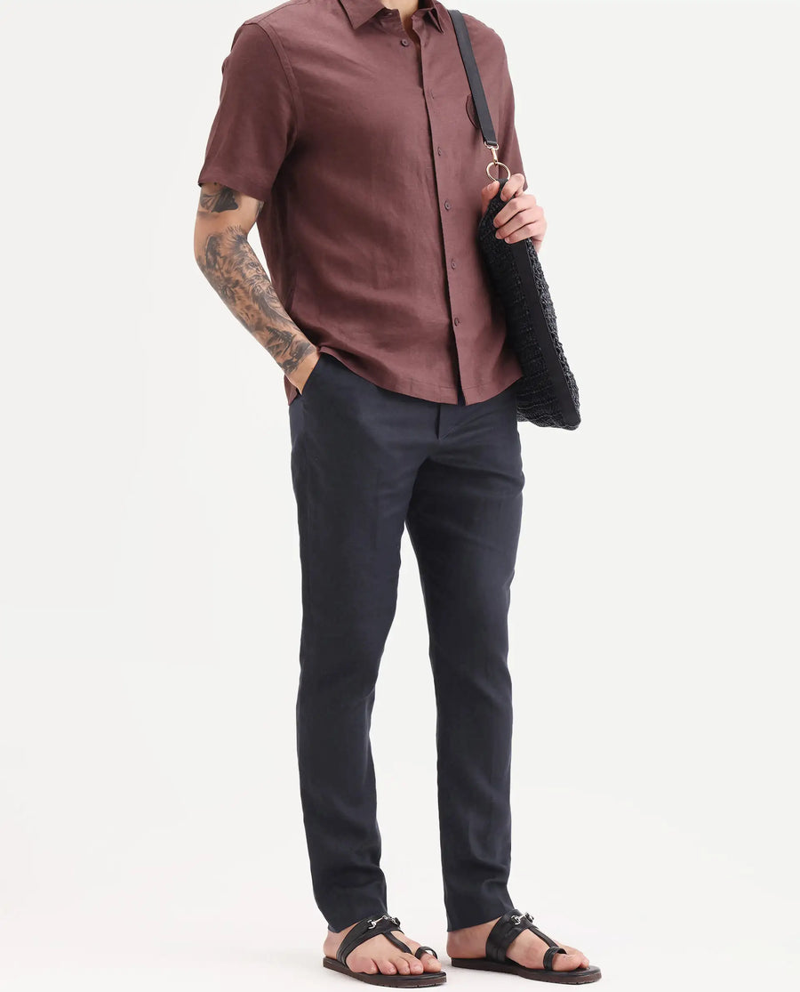 Rare Rabbit Men's Arcelo-Ss26 Dark Navy 100% Linen Fabric Regular Fit Plain Trouser