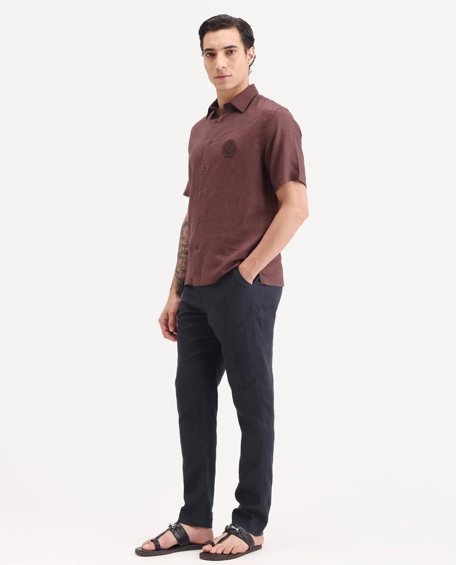 Rare Rabbit Men's Arcelo-Ss26 Dark Navy 100% Linen Fabric Regular Fit Plain Trouser
