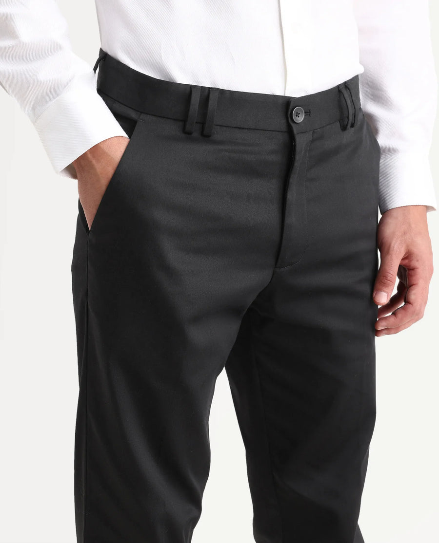 Rare Rabbit Men's Swat Black Cotton Blend Fabric Regular Fit Plain Trouser