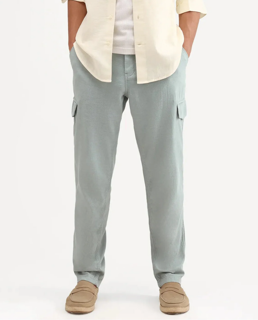 Rare Rabbit Men's Haxlr-B Dusky Green Cotton Blend Fabric Regular Fit Plain Cargo Trouser