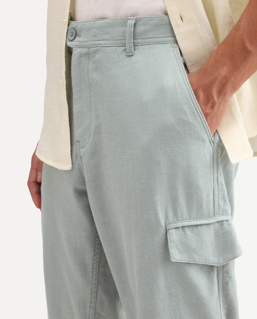 Rare Rabbit Men's Haxlr-B Dusky Green Cotton Blend Fabric Regular Fit Plain Cargo Trouser