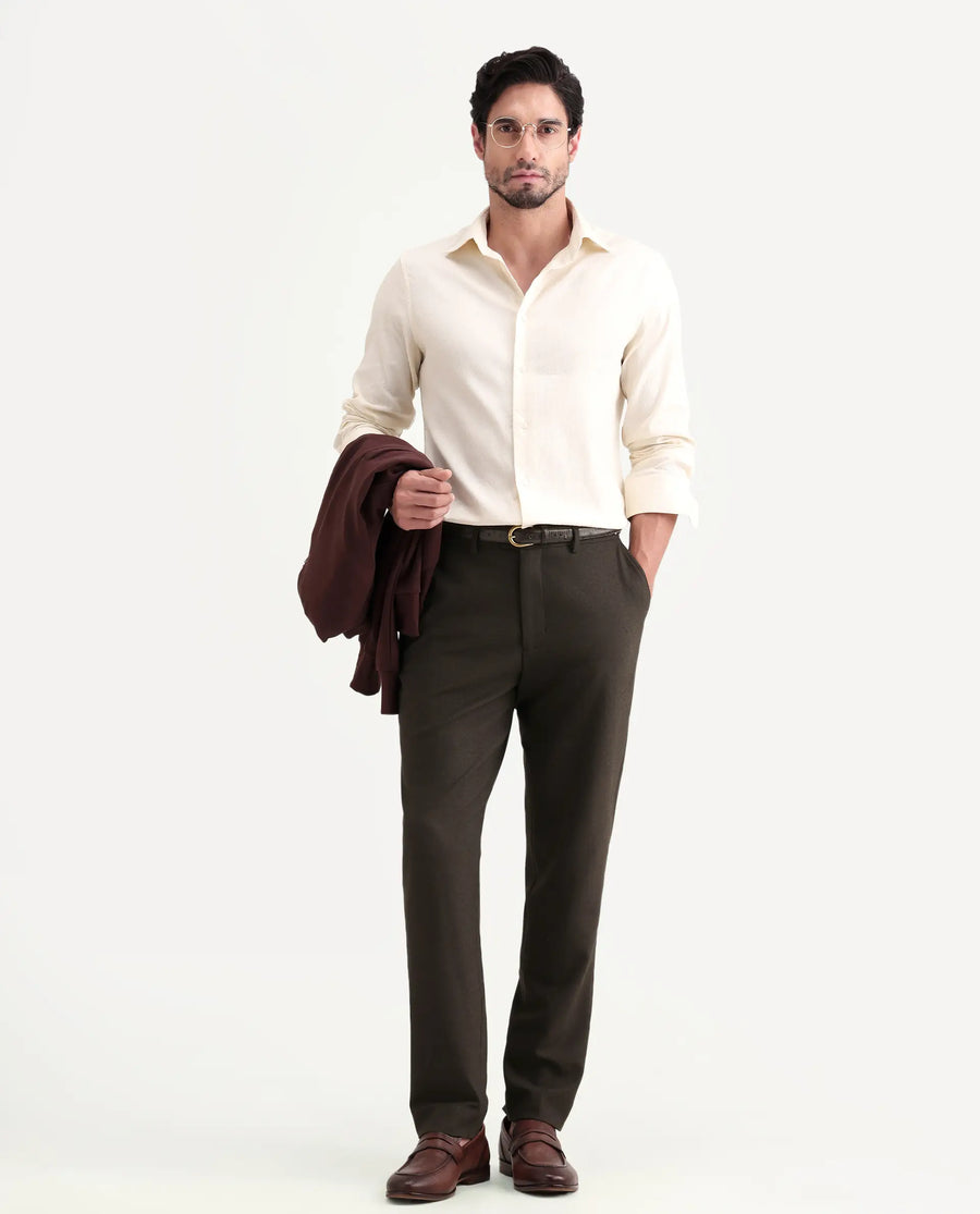 Rare Rabbit Men's Austi-Ss26 Dark Olive Polyester Blend Fabric Regular Fit Plain Trouser