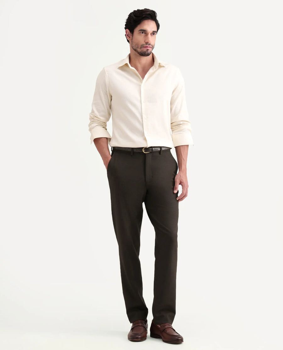 Rare Rabbit Men's Austi-Ss26 Dark Olive Polyester Blend Fabric Regular Fit Plain Trouser