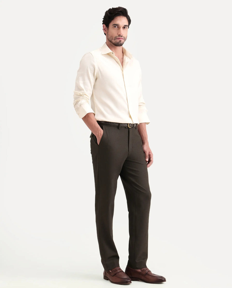Rare Rabbit Men's Austi-Ss26 Dark Olive Polyester Blend Fabric Regular Fit Plain Trouser