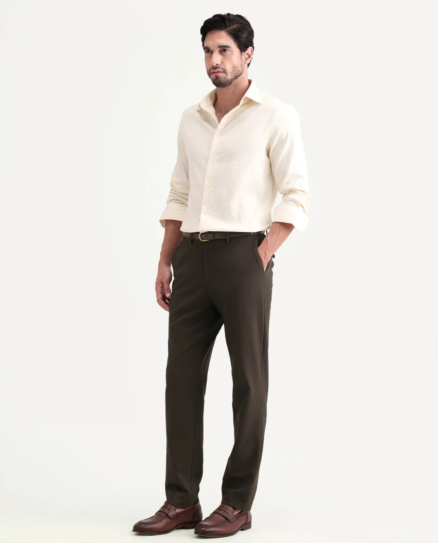 Rare Rabbit Men's Austi-Ss26 Dark Olive Polyester Blend Fabric Regular Fit Plain Trouser