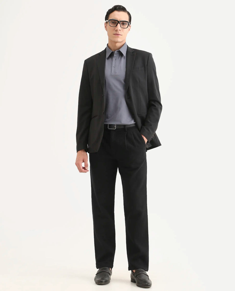 Rare Rabbit Men's Neux Black Cotton Fabric Regular Fit Textured Trouser