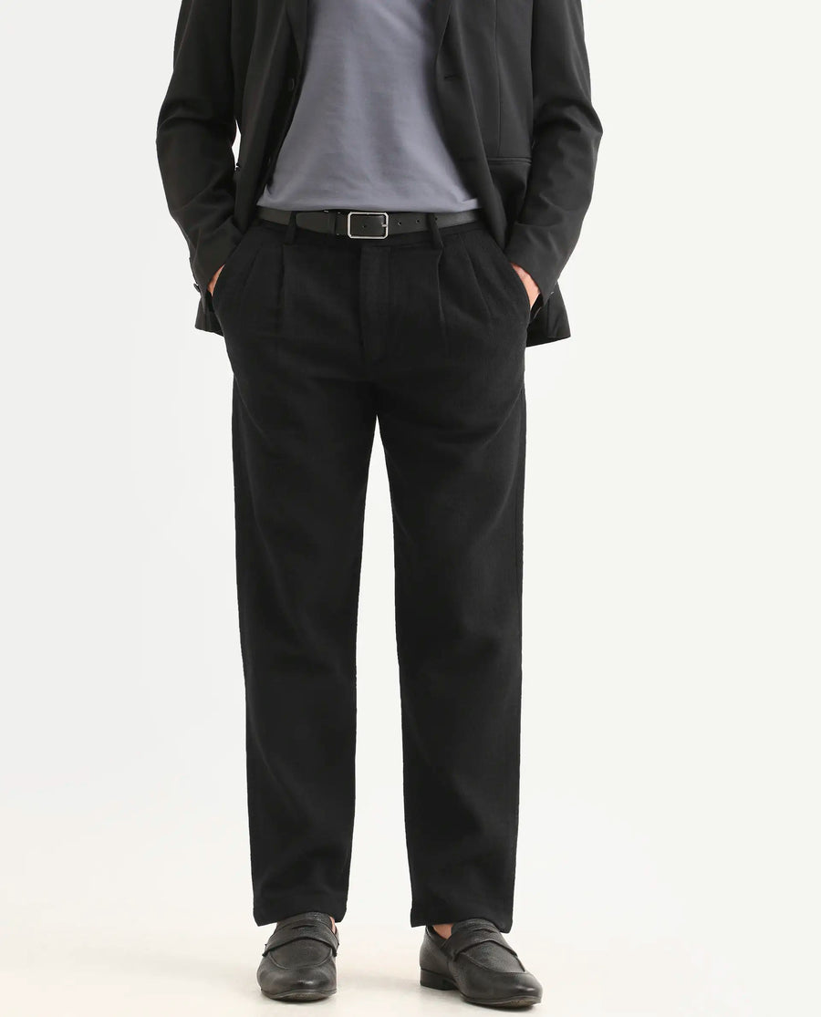 Rare Rabbit Men's Neux Black Cotton Fabric Regular Fit Textured Trouser