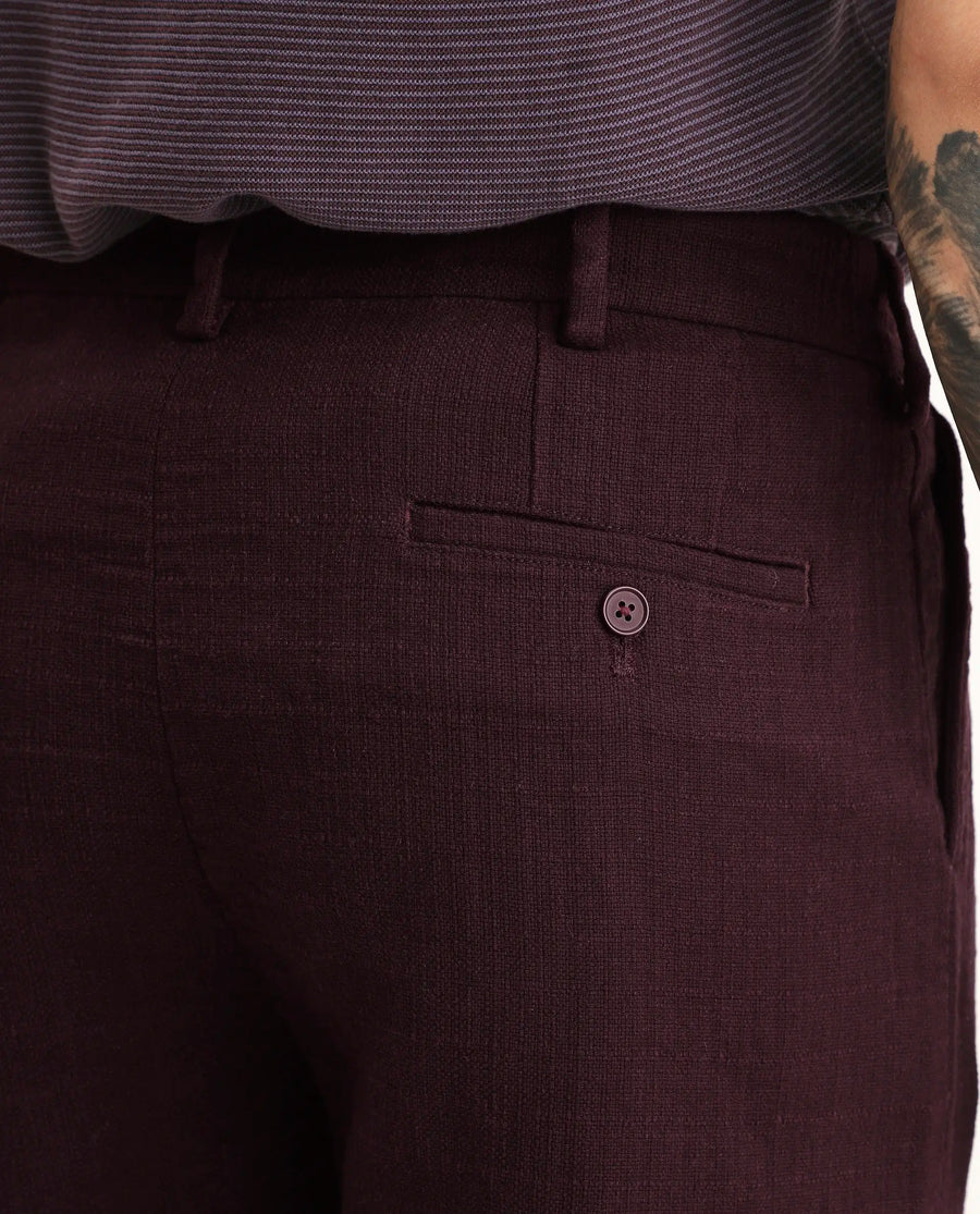 Rare Rabbit Men's Neux Dark Maroon Cotton Fabric Regular Fit Textured Trouser