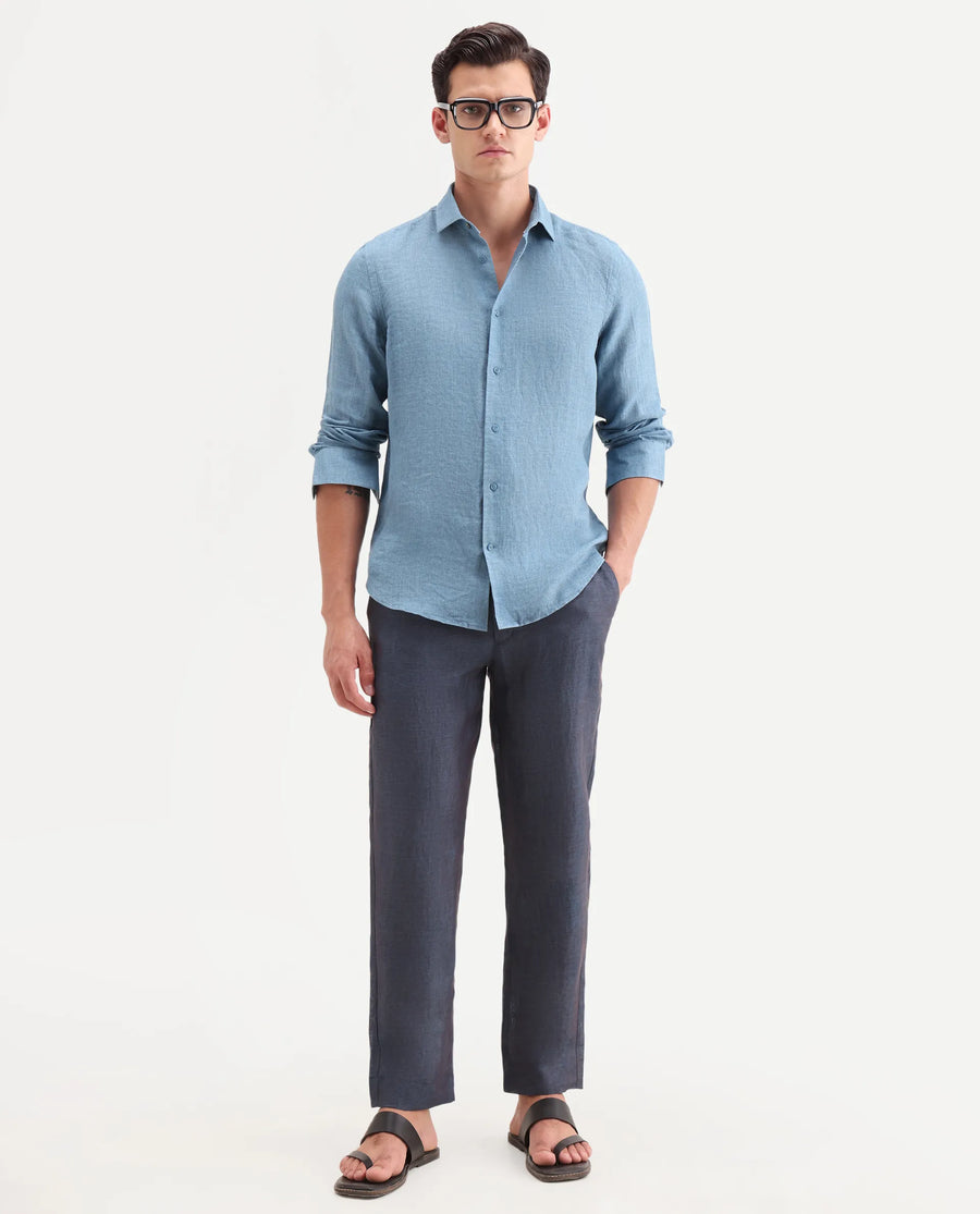 Rare Rabbit Men's Borium-T Dark Blue Linen Fabric Regular Fit Plain Trouser