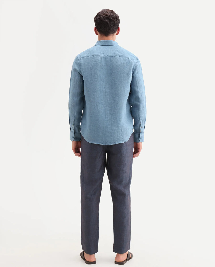 Rare Rabbit Men's Borium-T Dark Blue Linen Fabric Regular Fit Plain Trouser