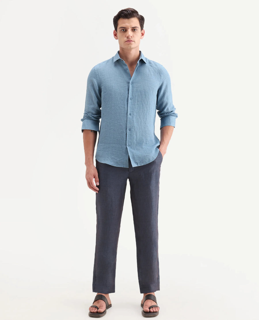 Rare Rabbit Men's Borium-T Dark Blue Linen Fabric Regular Fit Plain Trouser