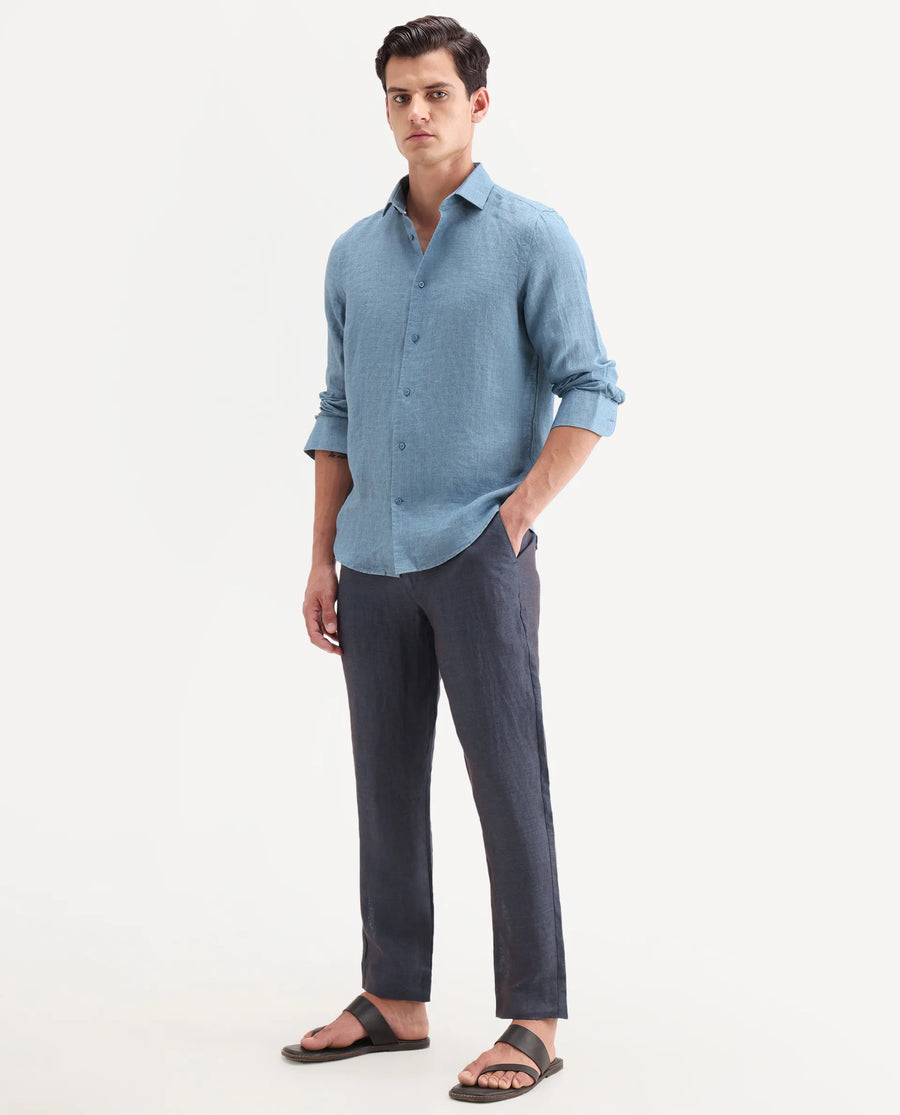 Rare Rabbit Men's Borium-T Dark Blue Linen Fabric Regular Fit Plain Trouser