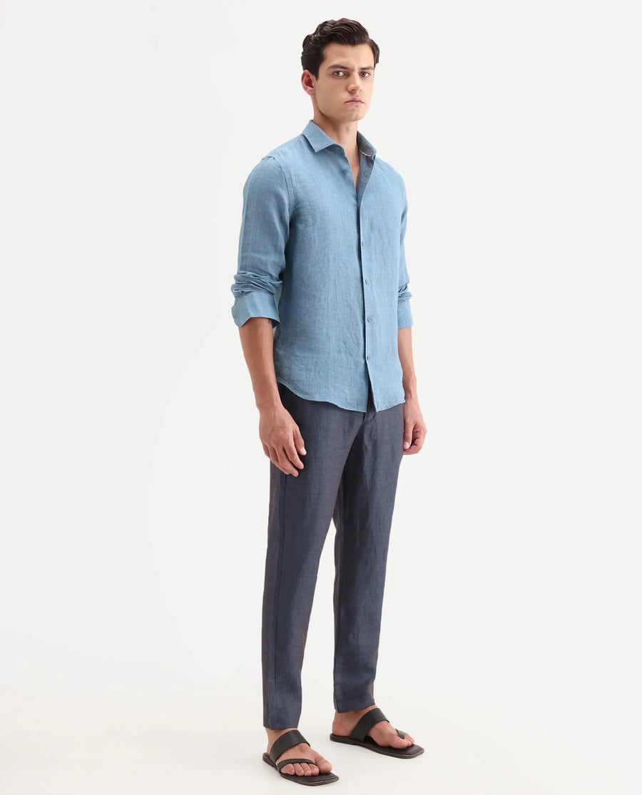 Rare Rabbit Men's Borium-T Dark Blue Linen Fabric Regular Fit Plain Trouser