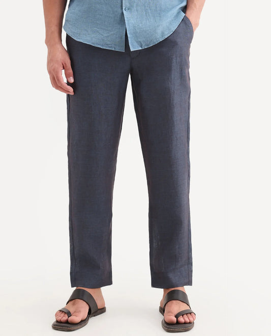 Rare Rabbit Men's Borium-T Dark Blue Linen Fabric Regular Fit Plain Trouser