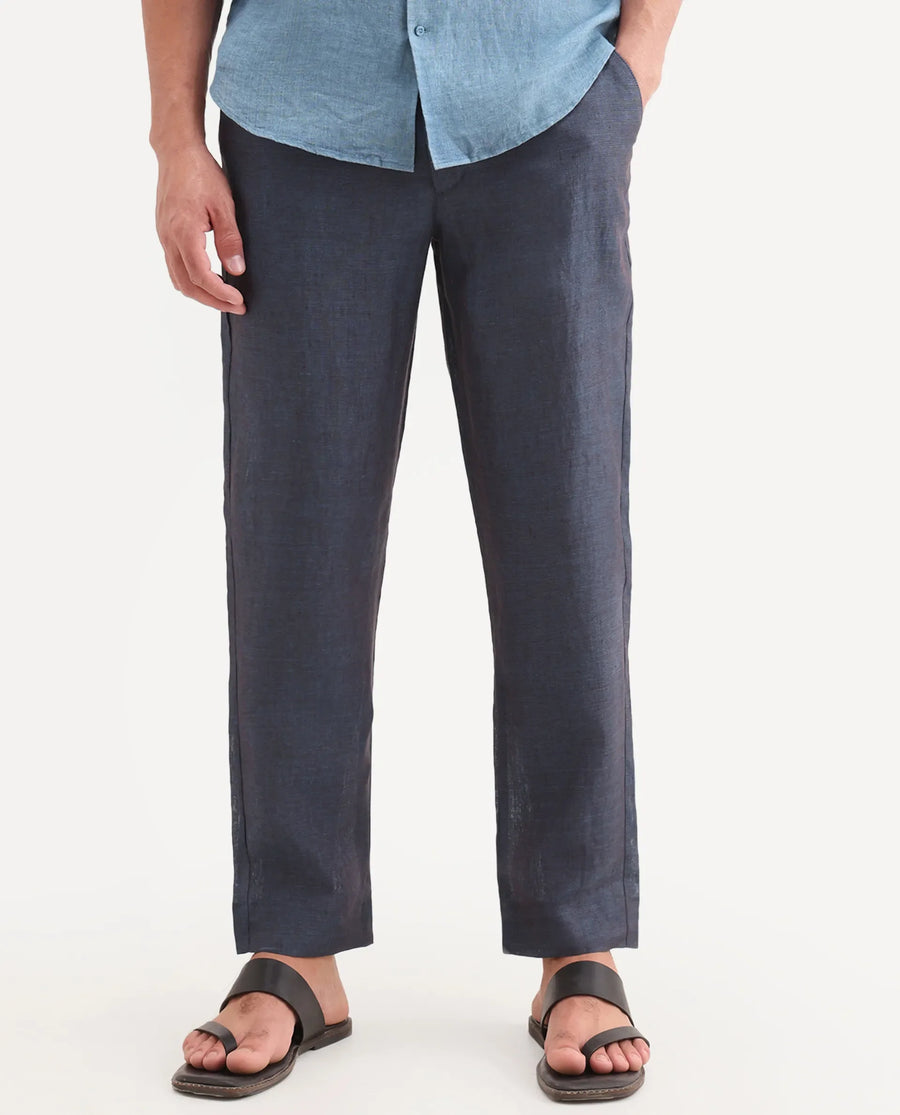 Rare Rabbit Men's Borium-T Dark Blue Linen Fabric Regular Fit Plain Trouser