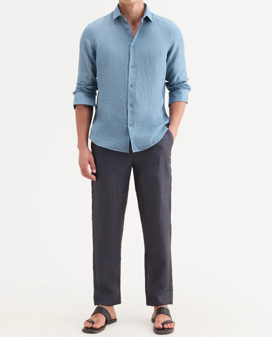 Rare Rabbit Men's Borium-T Dark Blue Linen Fabric Regular Fit Plain Trouser