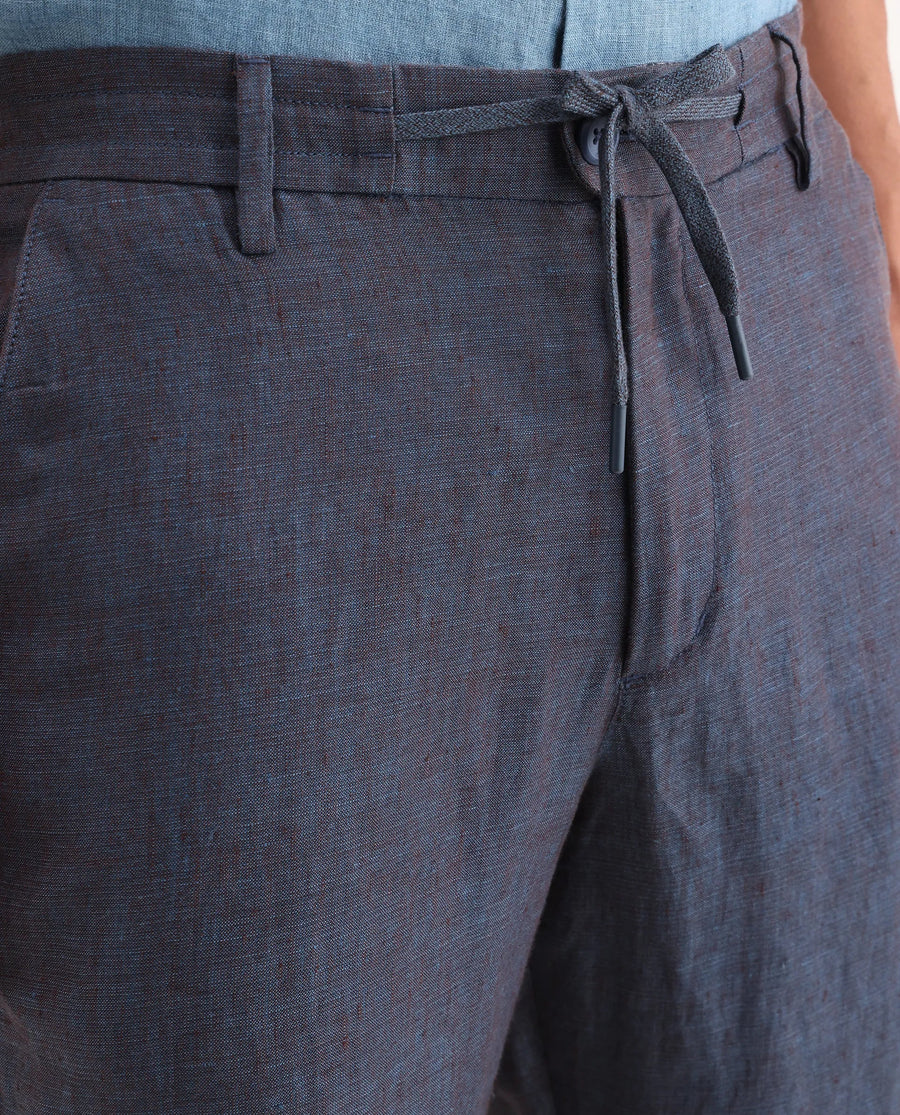 Rare Rabbit Men's Borium-T Dark Blue Linen Fabric Regular Fit Plain Trouser