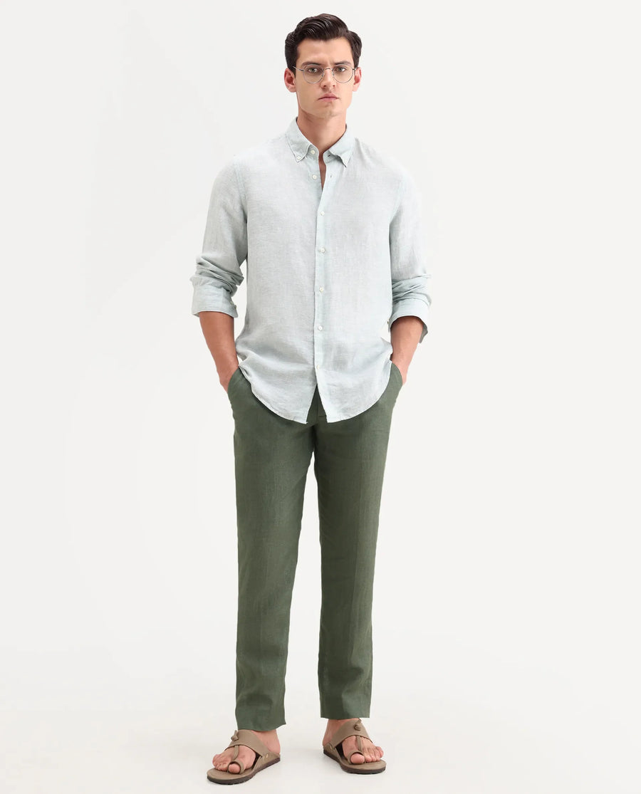 Rare Rabbit Men's Borium-T Dusky Green Linen Fabric Regular Fit Plain Trouser