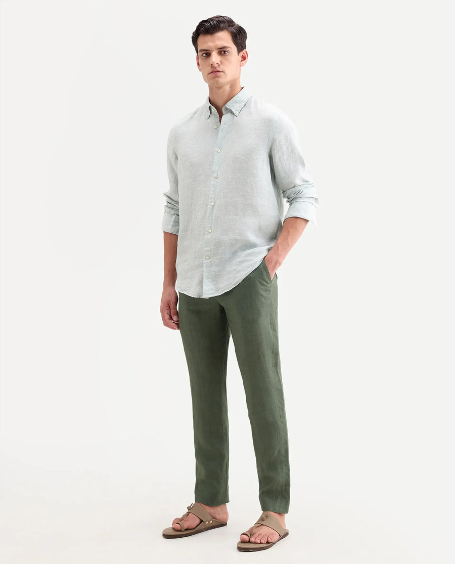 Rare Rabbit Men's Borium-T Dusky Green Linen Fabric Regular Fit Plain Trouser