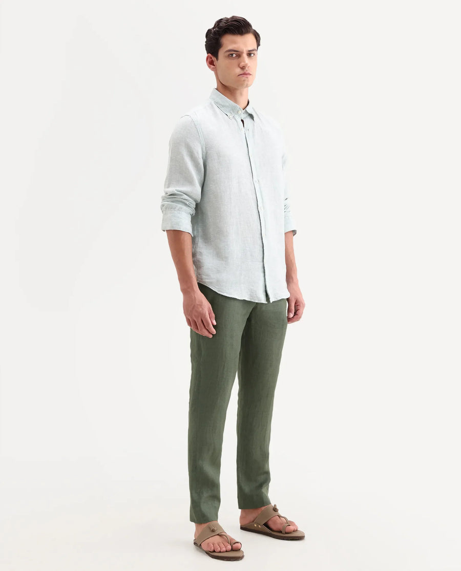 Rare Rabbit Men's Borium-T Dusky Green Linen Fabric Regular Fit Plain Trouser