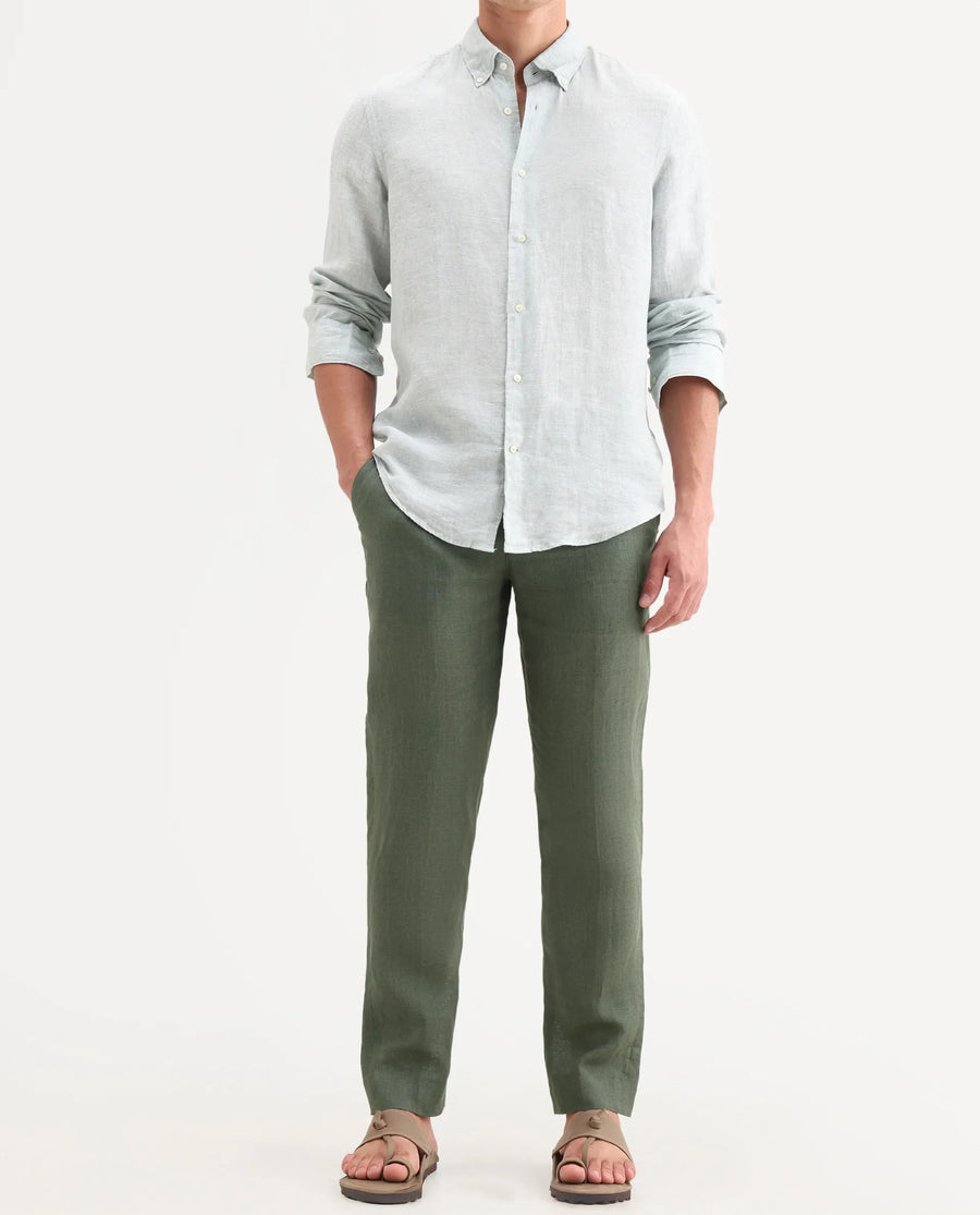 Rare Rabbit Men's Borium-T Dusky Green Linen Fabric Regular Fit Plain Trouser