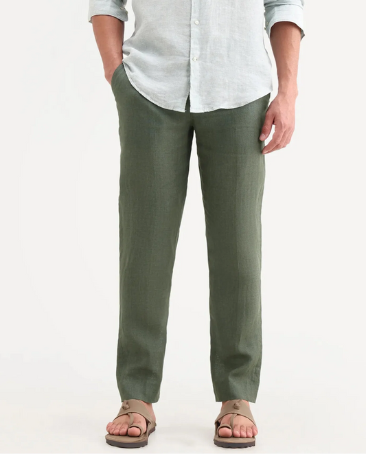 Rare Rabbit Men's Borium-T Dusky Green Linen Fabric Regular Fit Plain Trouser