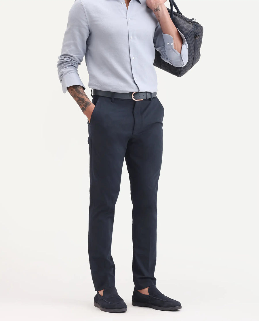 Rare Rabbit Men's Arcade-Ss26 Navy Polyester Blend Fabric Regular Fit Plain Trouser