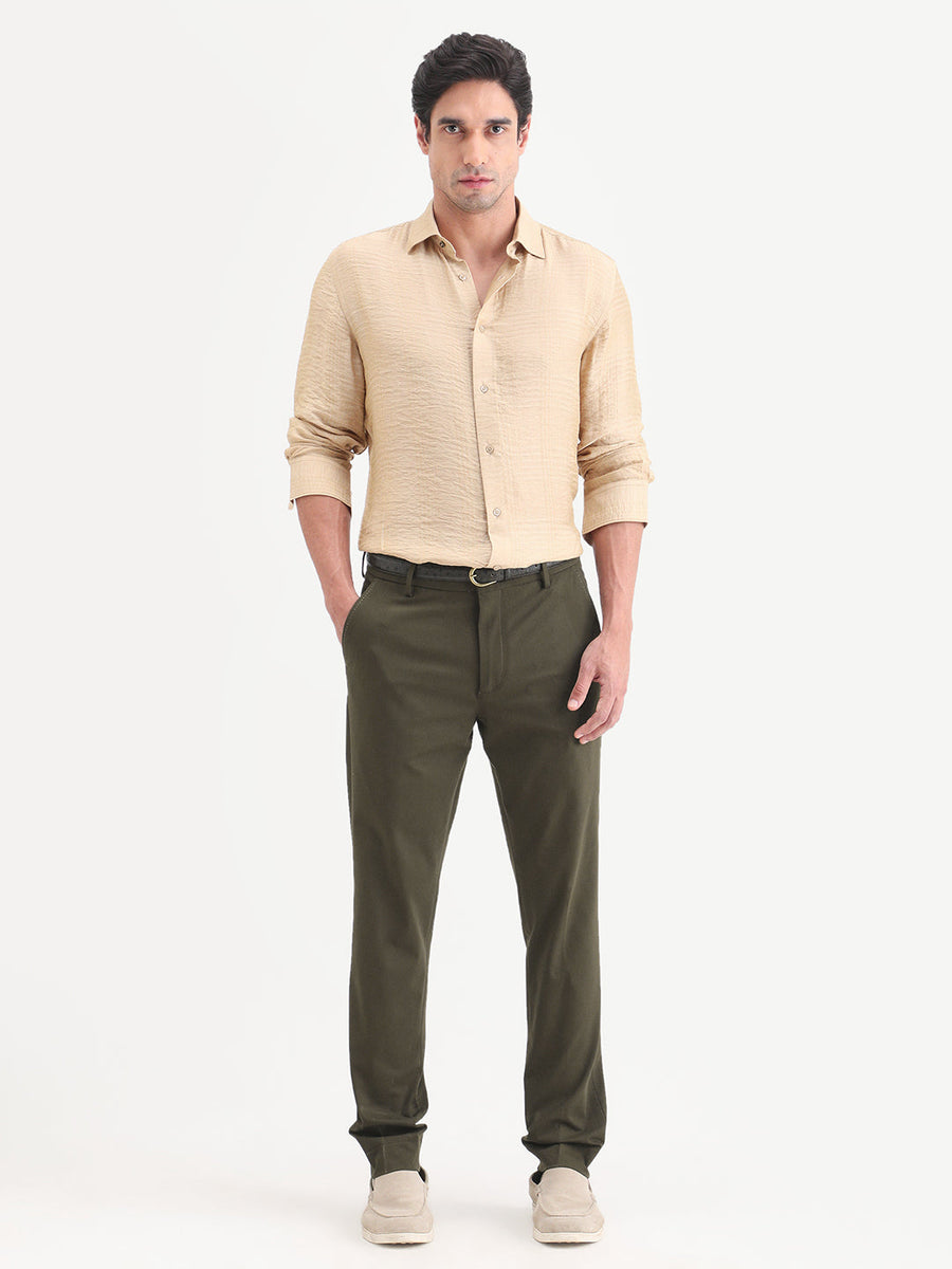 Rare Rabbit Men's Arcade-Ss26 Olive Polyester Blend Fabric Regular Fit Plain Trouser