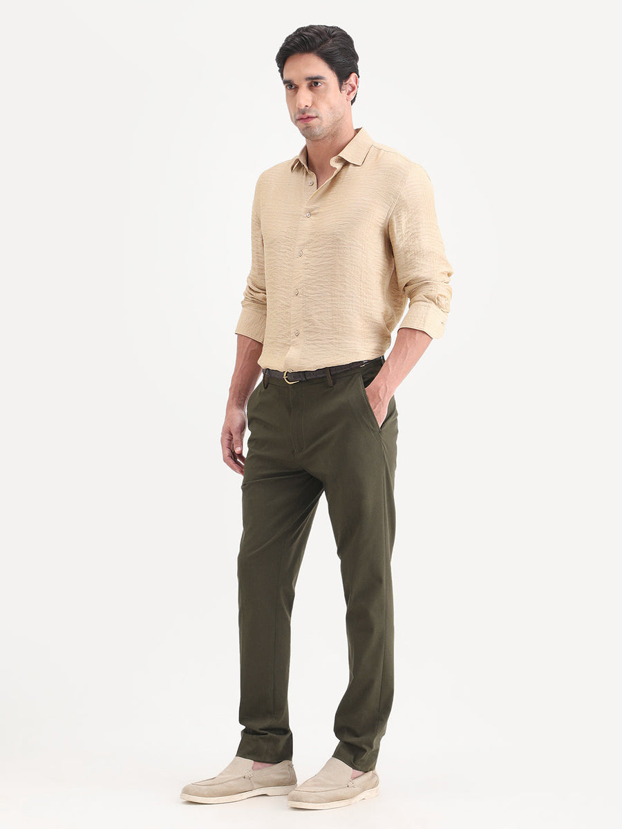 Rare Rabbit Men's Arcade-Ss26 Olive Polyester Blend Fabric Regular Fit Plain Trouser