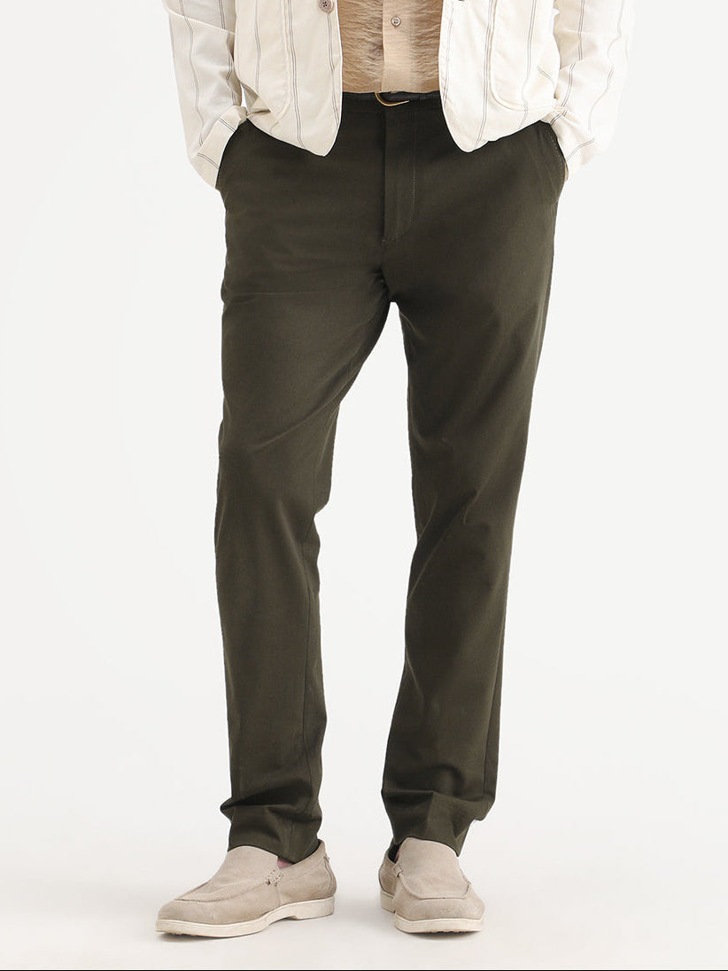 Rare Rabbit Men's Arcade-Ss26 Olive Polyester Blend Fabric Regular Fit Plain Trouser