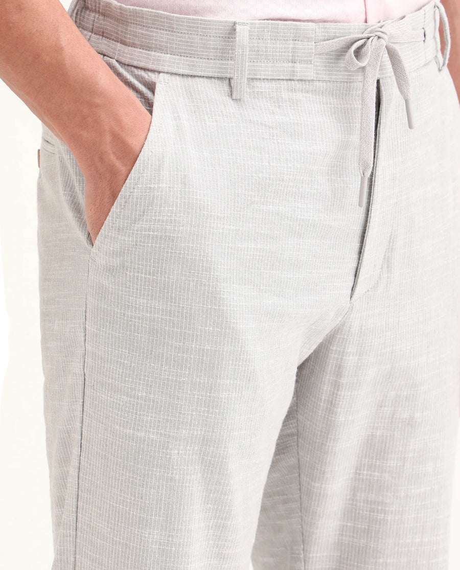 Rare Rabbit Men's Bira Grey Linen Blend Fabric Regular Fit Striped Trouser