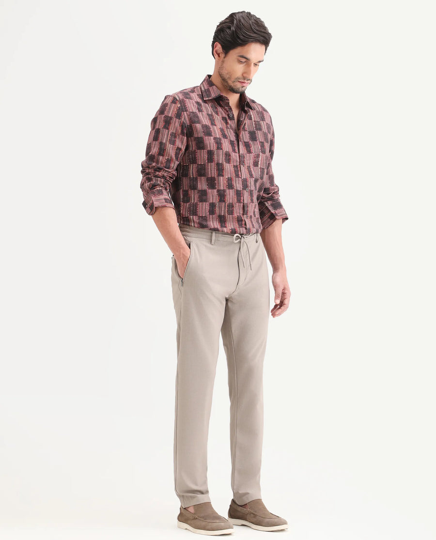Rare Rabbit Men's Move-Ss26 Light Beige Polyester Blend Fabric Regular Fit Plain Trouser