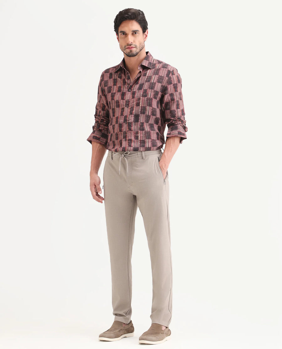 Rare Rabbit Men's Move-Ss26 Light Beige Polyester Blend Fabric Regular Fit Plain Trouser