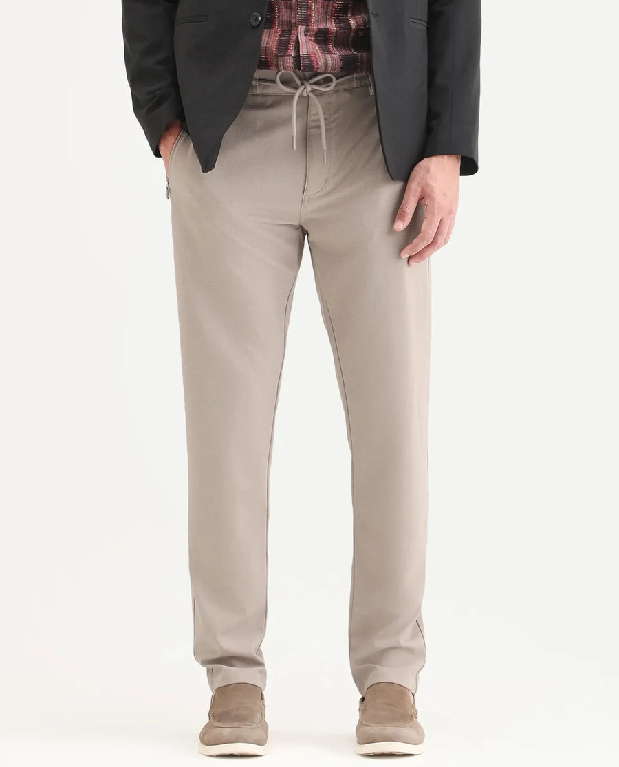Rare Rabbit Men's Move-Ss26 Light Beige Polyester Blend Fabric Regular Fit Plain Trouser