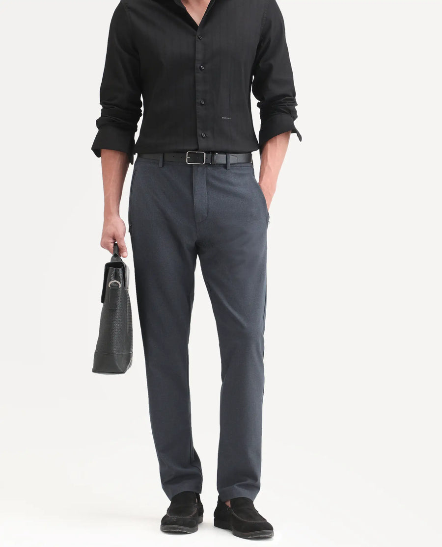 Rare Rabbit Men's Move-Ss26 Dark Navy Polyester Blend Fabric Regular Fit Plain Trouser