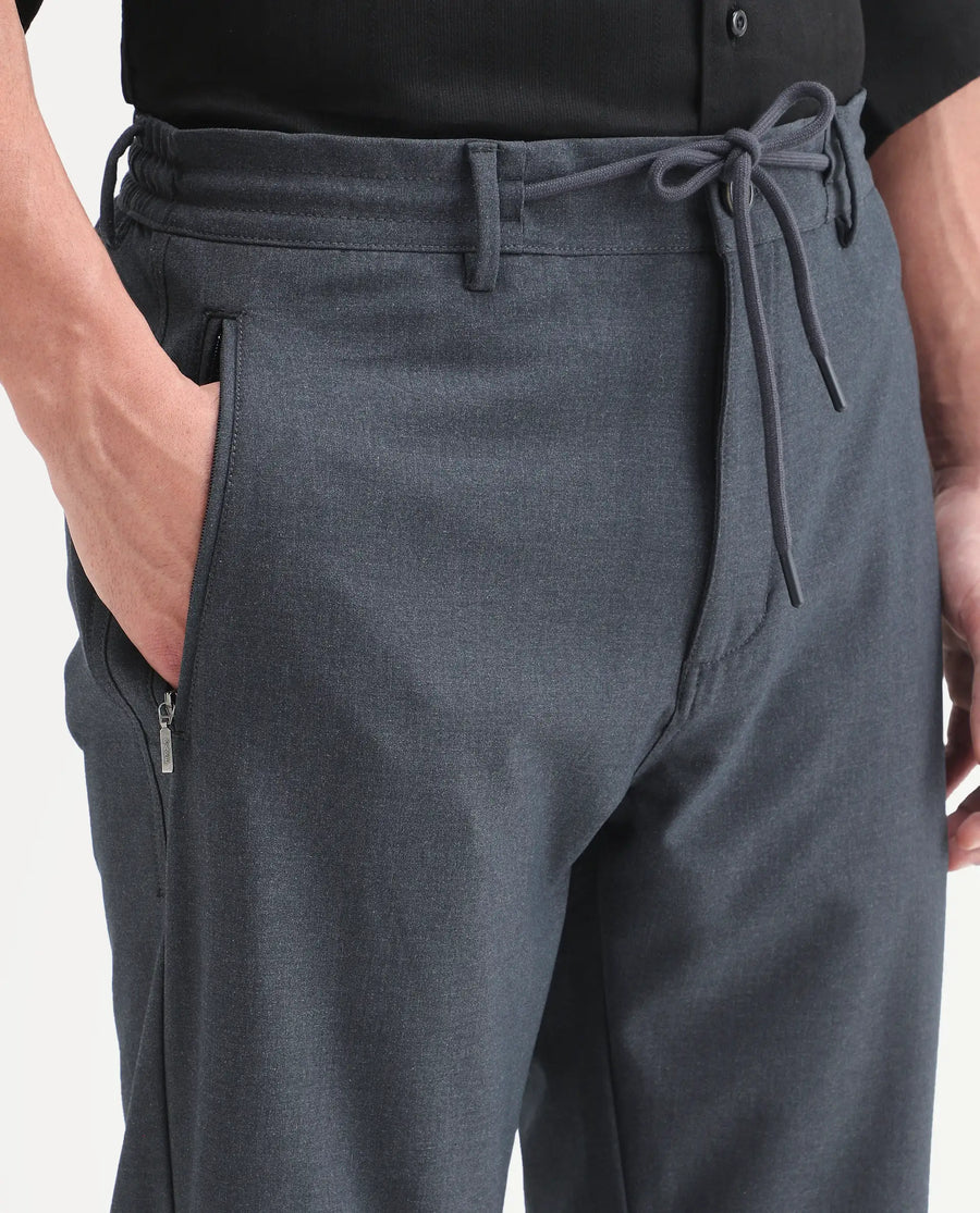 Rare Rabbit Men's Move-Ss26 Dark Navy Polyester Blend Fabric Regular Fit Plain Trouser